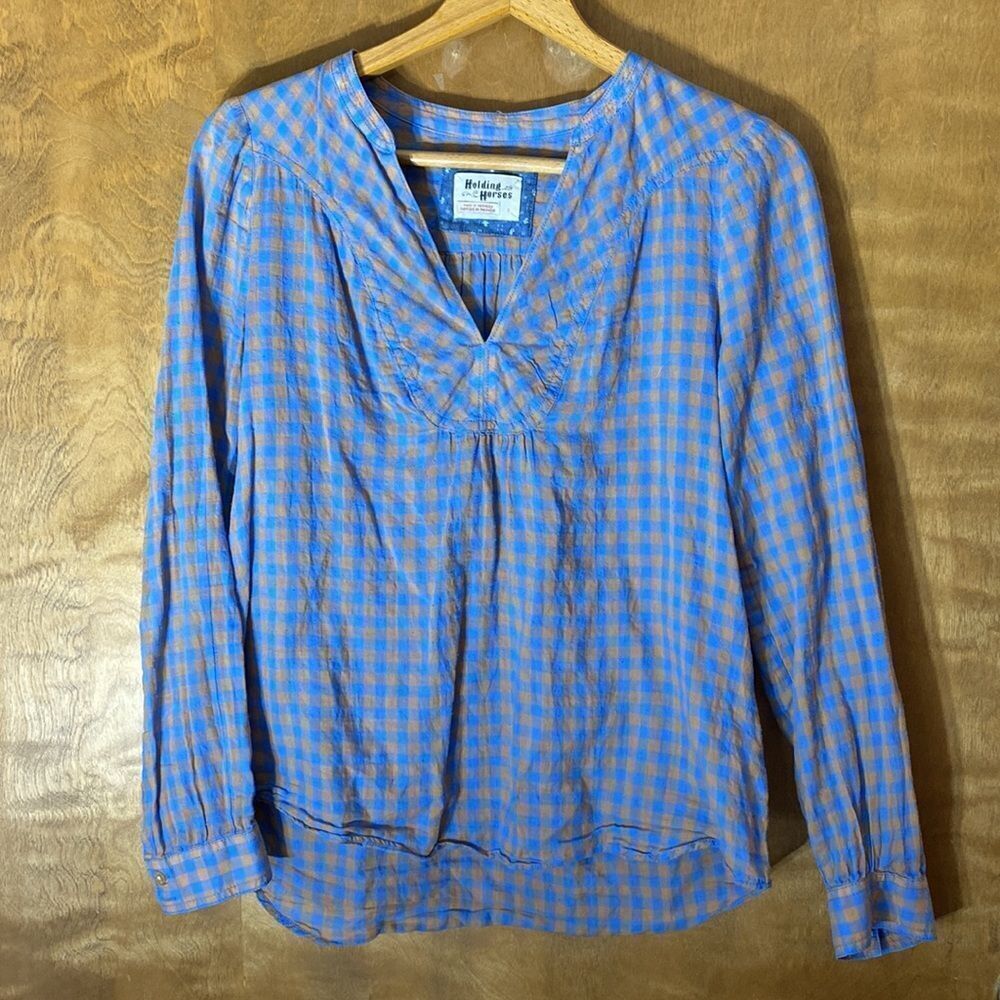 Anthropologie Holding Horses blue and tan plaid vneck pullover long sleeve shirt